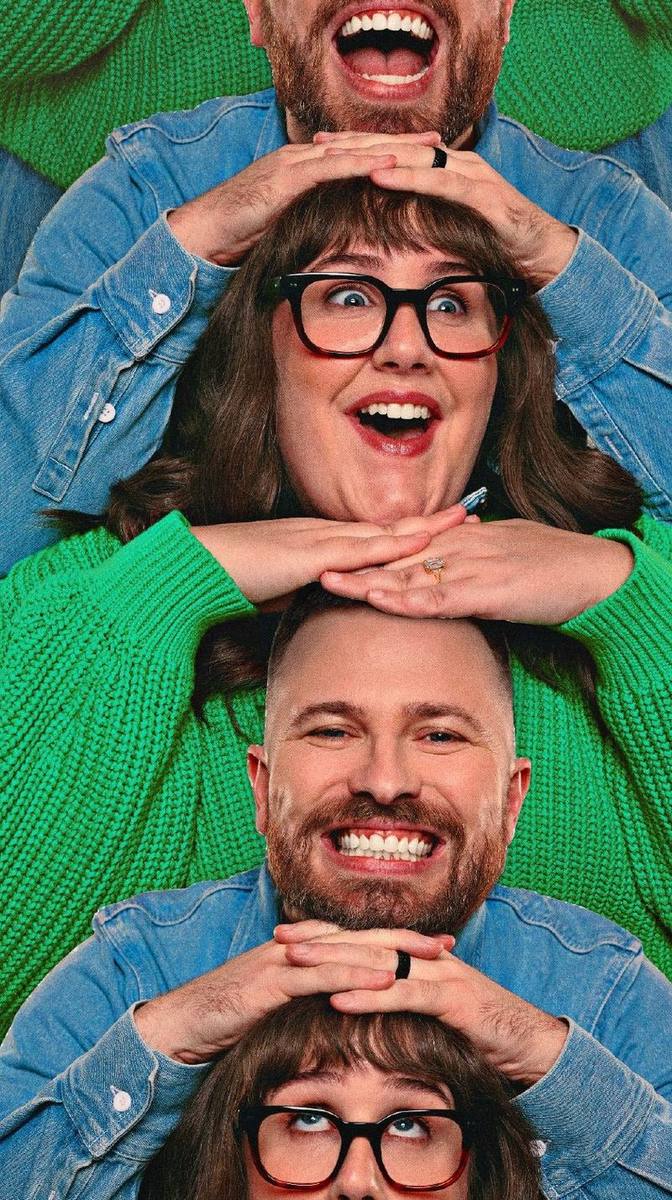 Collage of Toni and Ryan stacked together against a bold blue background